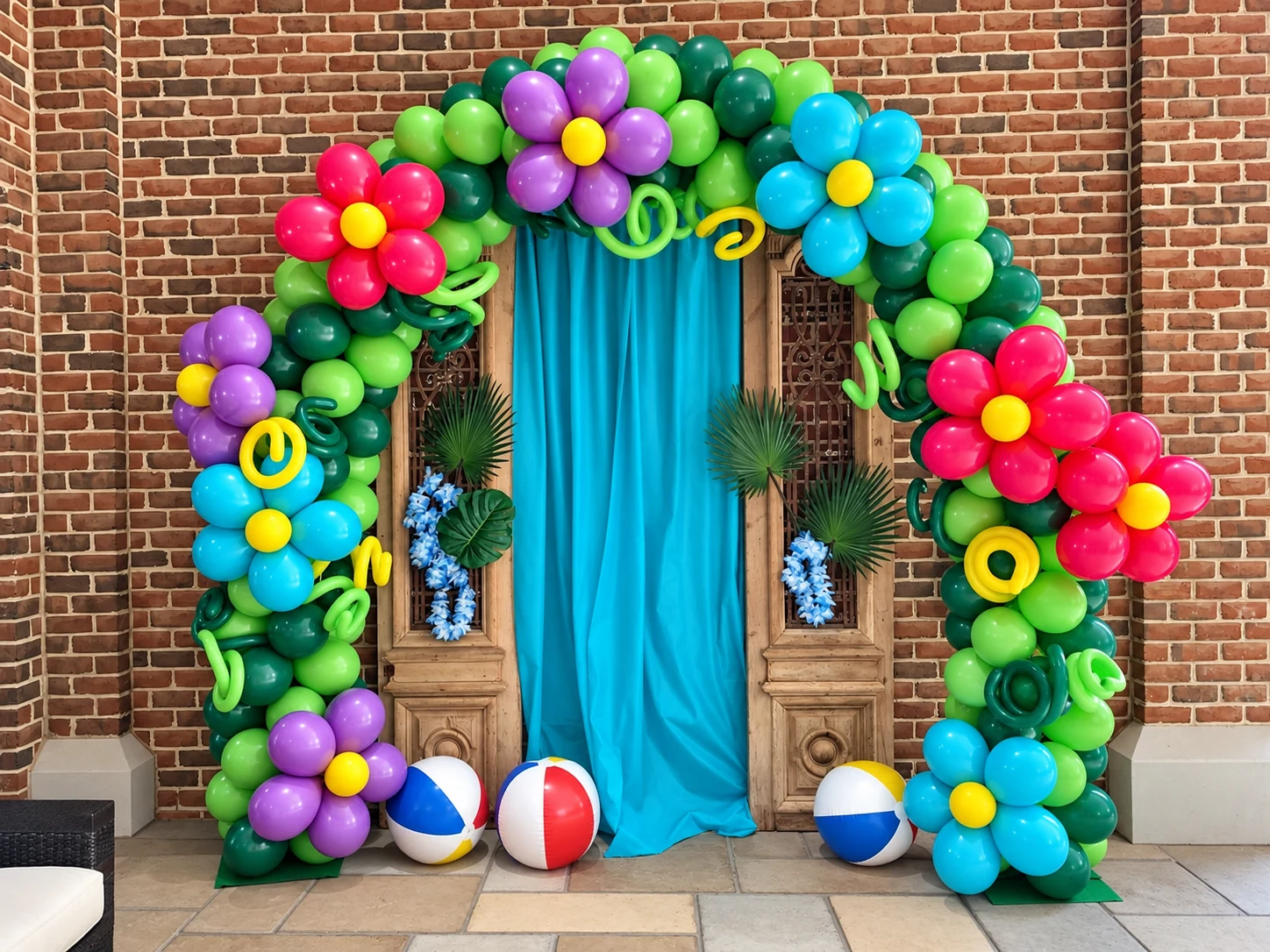 Colorful tropical balloon arch with flowers and beach-ball details