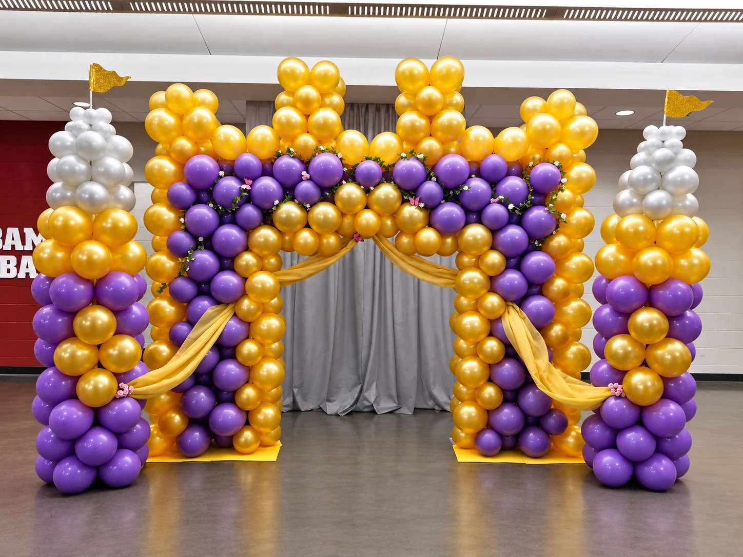 Purple, gold and white Mardi Gras balloon entrance