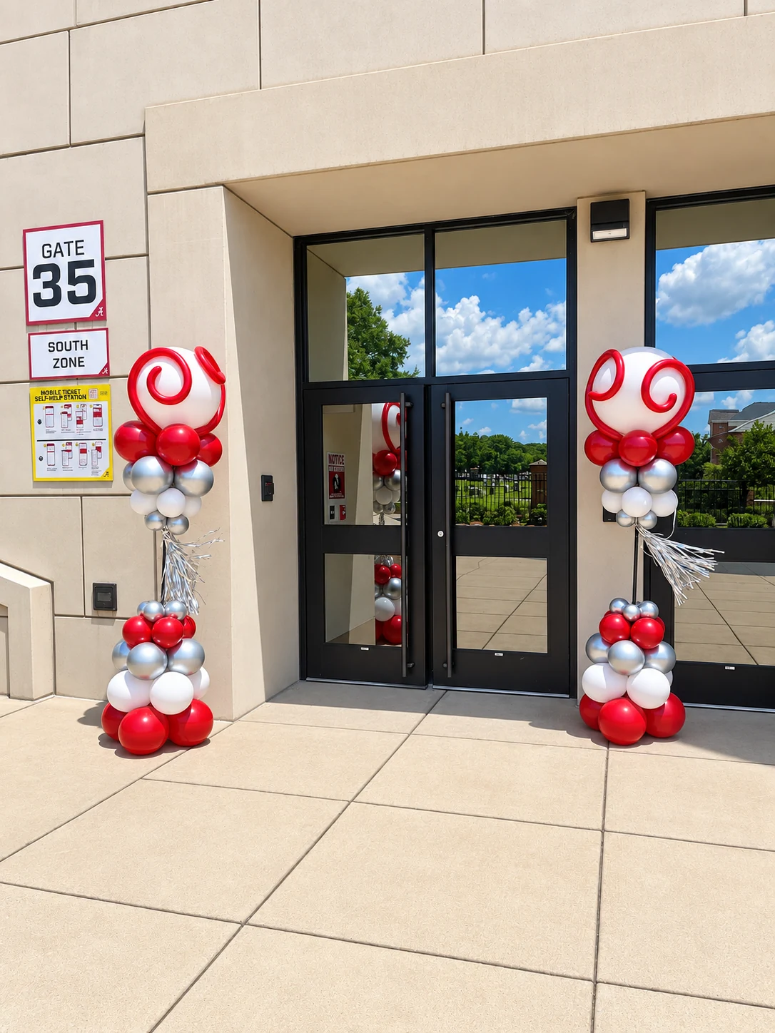 Red and blue spiral balloon columns at a business entrance