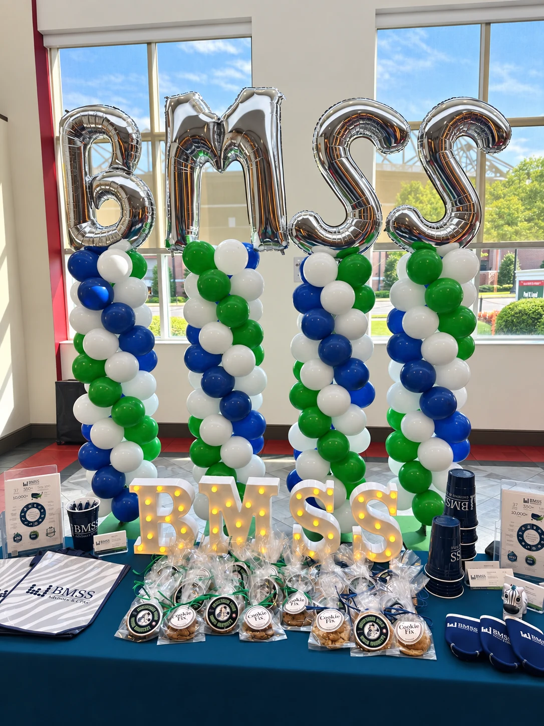 Blue, green and white balloon school recognition display