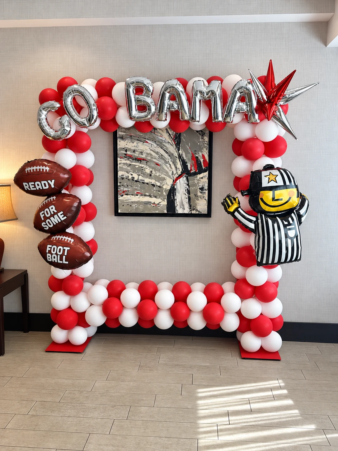 Crimson and white football-themed Bama balloon photo frame