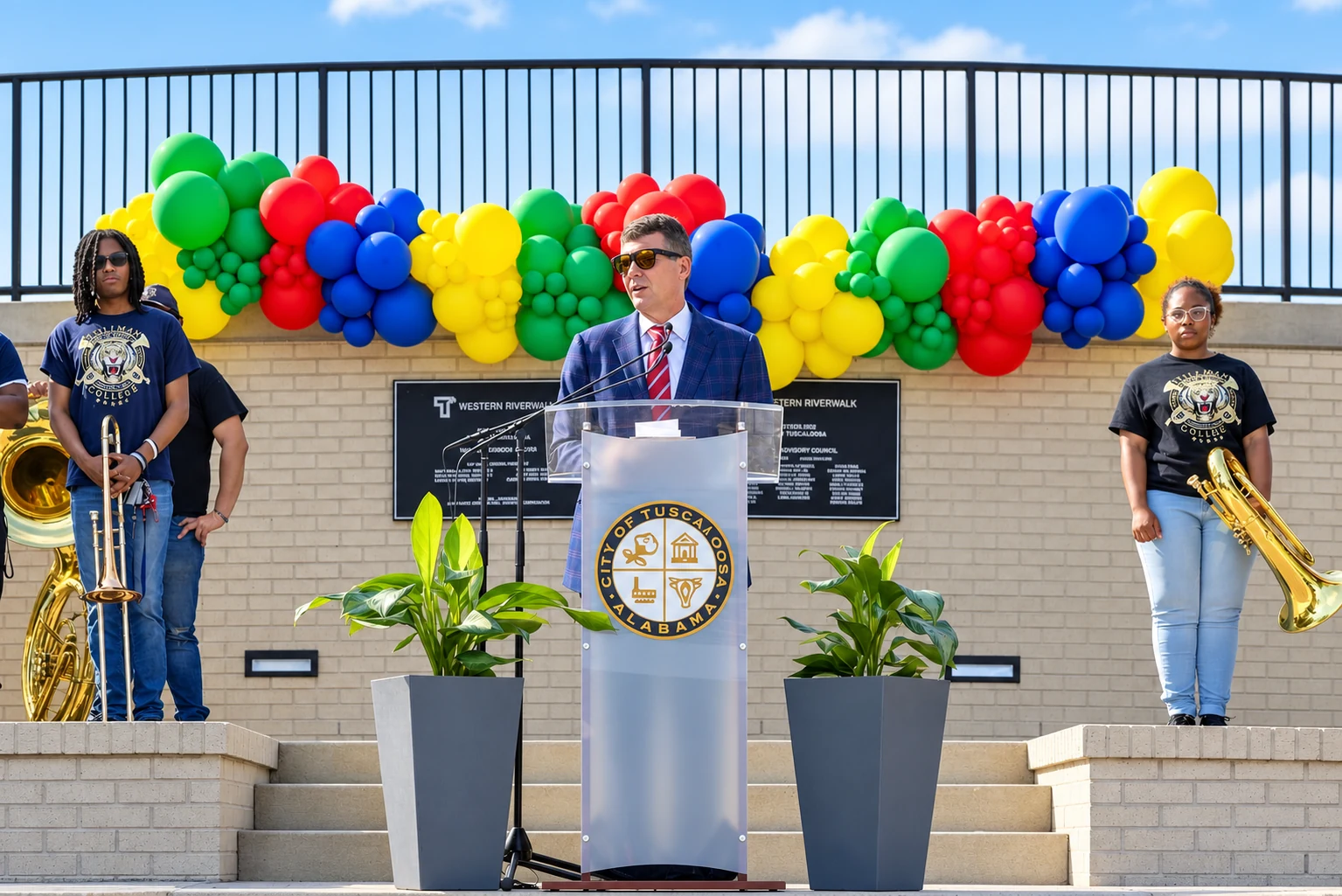 Bright primary-color balloon garland at an outdoor community event