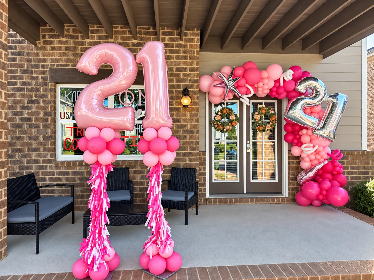 Pink 21st birthday balloon number columns and doorway installation