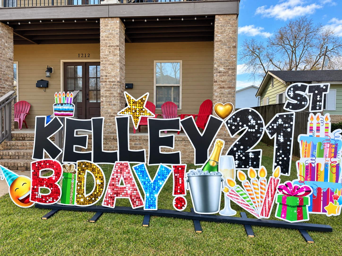 Colorful 21st birthday yard display with custom signs