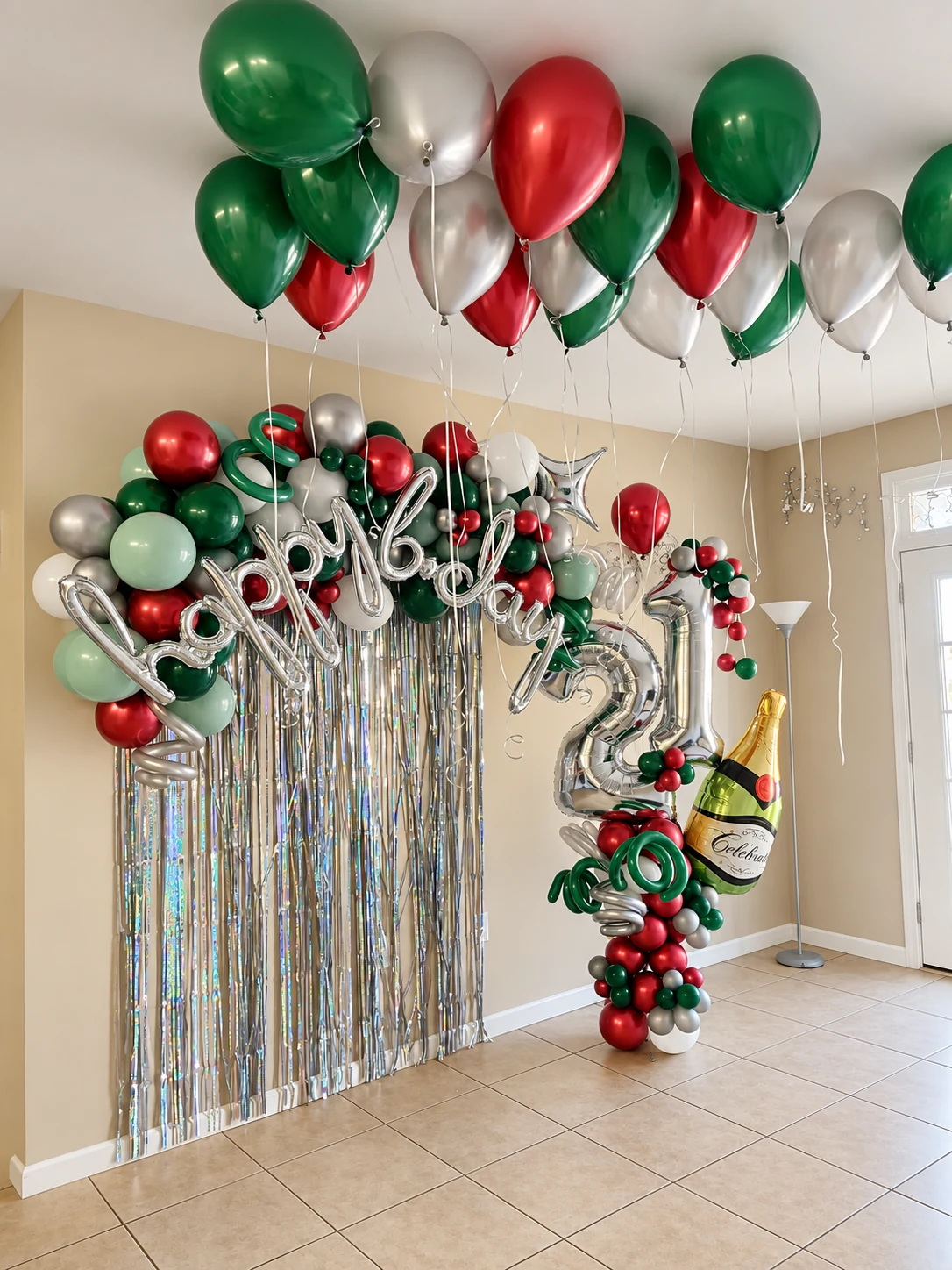 Silver, red, green and white New Year balloon backdrop
