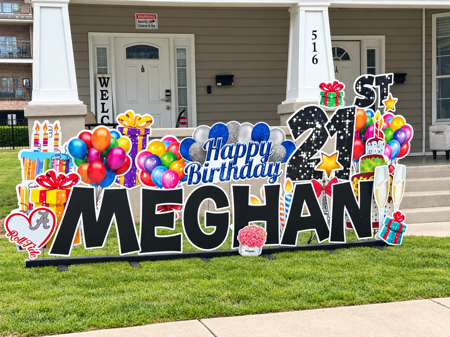 Personalized Happy Birthday yard greeting with colorful party signs