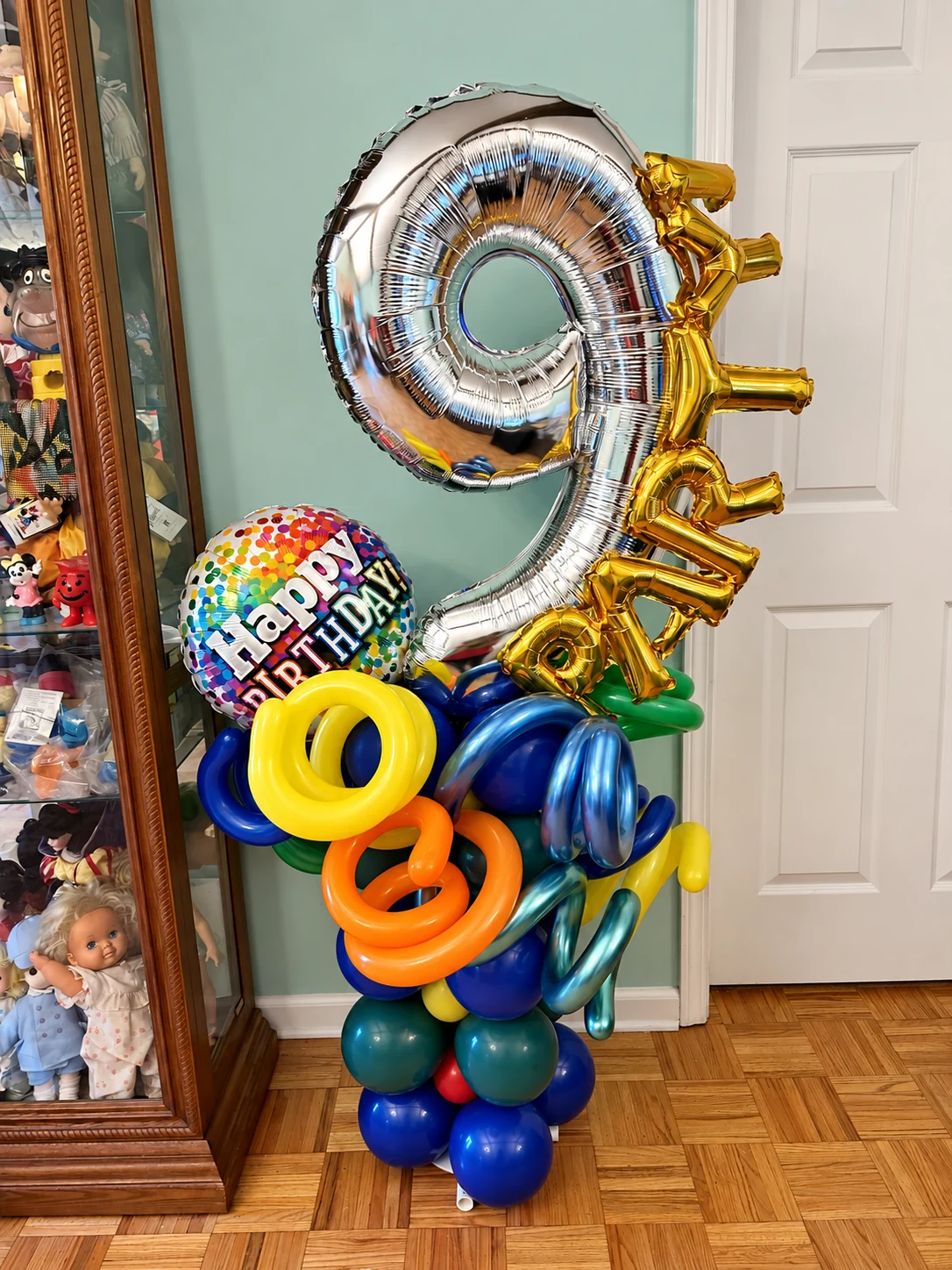 Colorful ninth-birthday balloon number sculpture