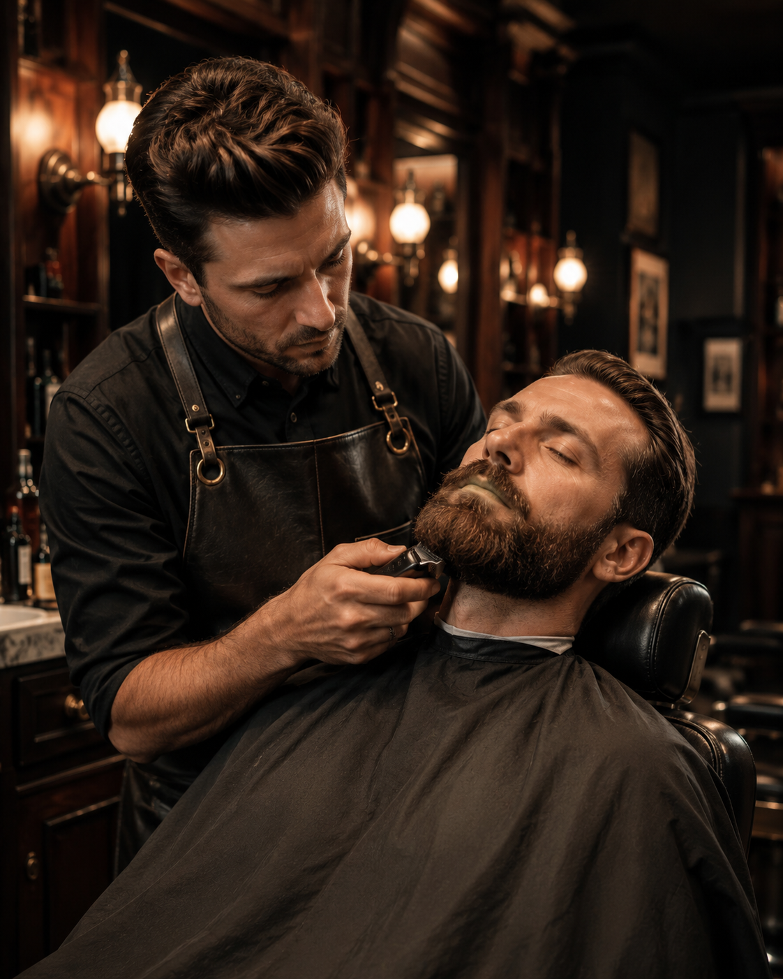 Barber trimming and shaping a beard.