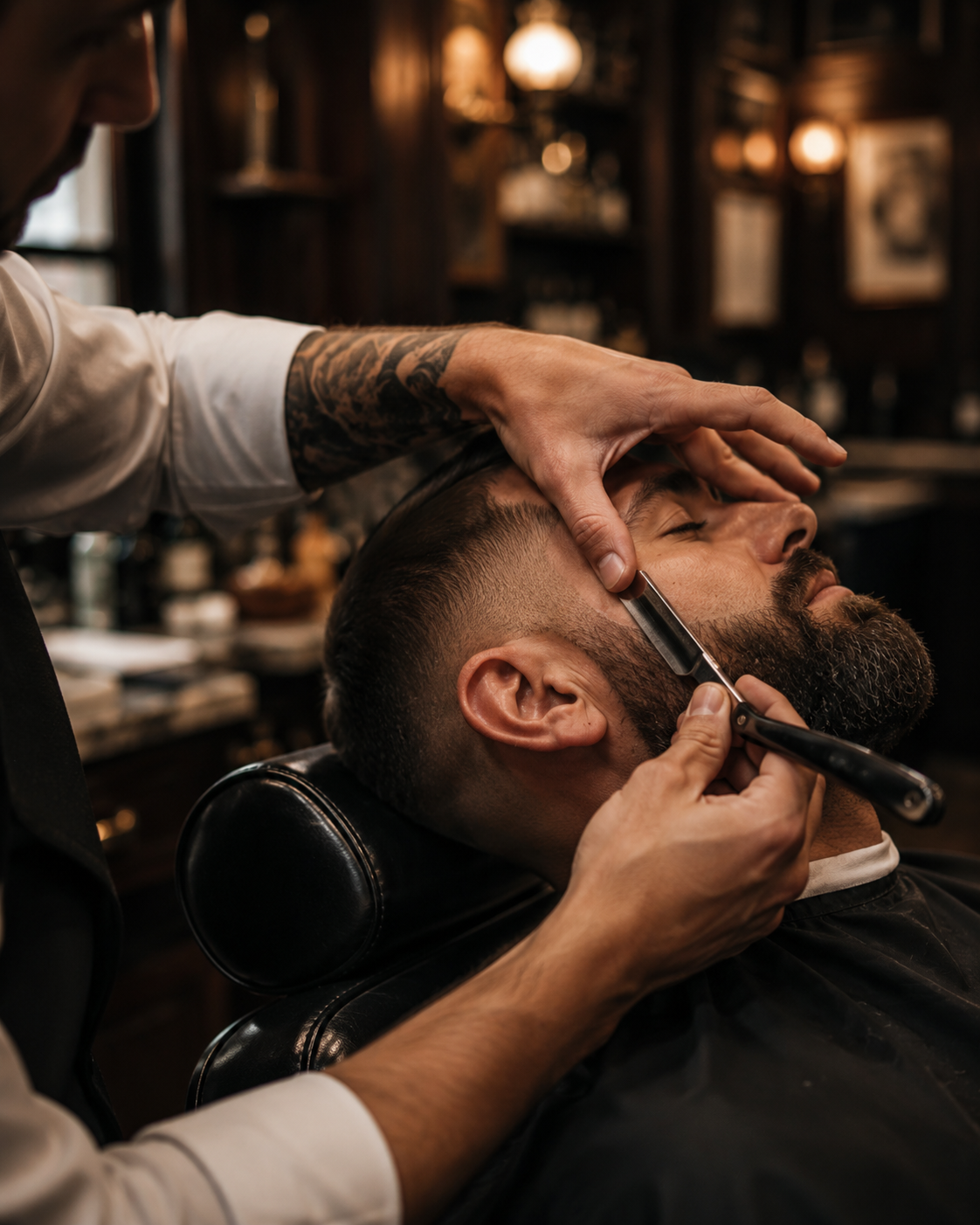Barber doing detail work with a straight razor.
