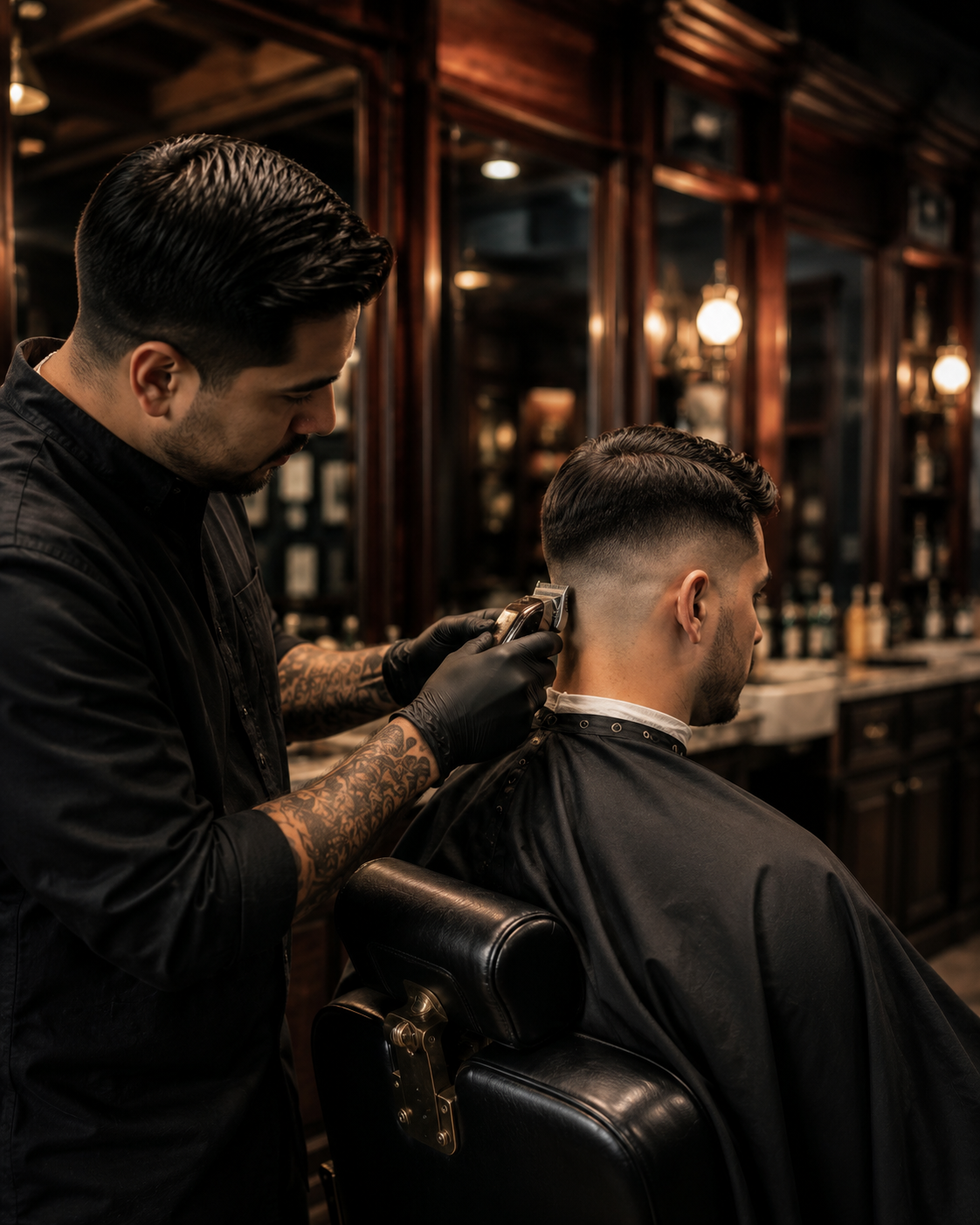 Barber giving a fresh fade haircut.